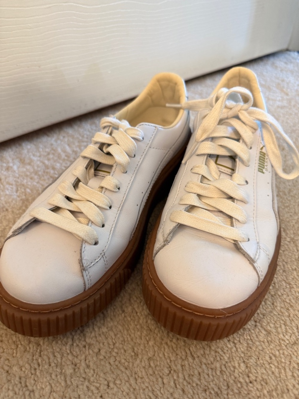 Puma Basket White Leather Platform Sneakers with Gum Sole